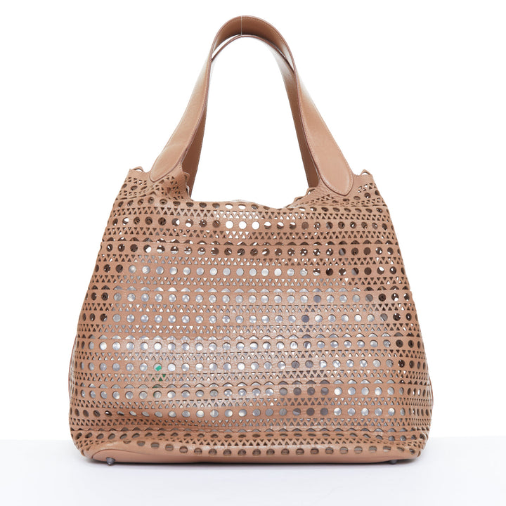 ALAIA Le Mina 32 Sable tan Vienne laser cut openwork calfskin leather tote bag