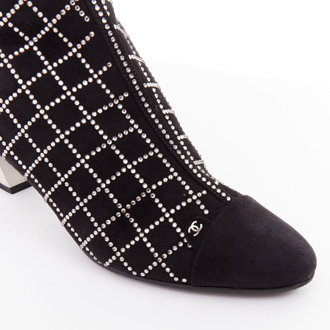 CHANEL 2019 black kid suede silver crystal CC logo acrylic heel boots EU37