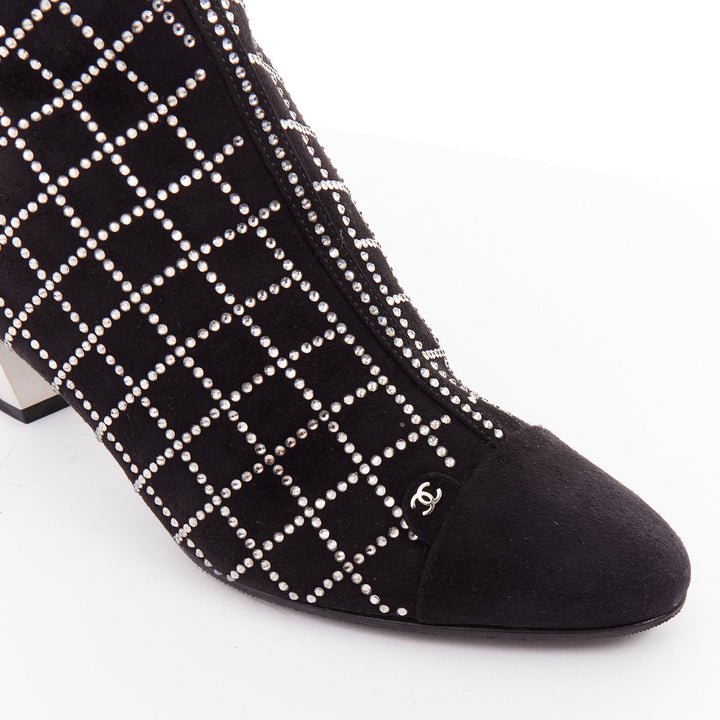 CHANEL 2019 black kid suede silver crystal CC logo acrylic heel boots EU37