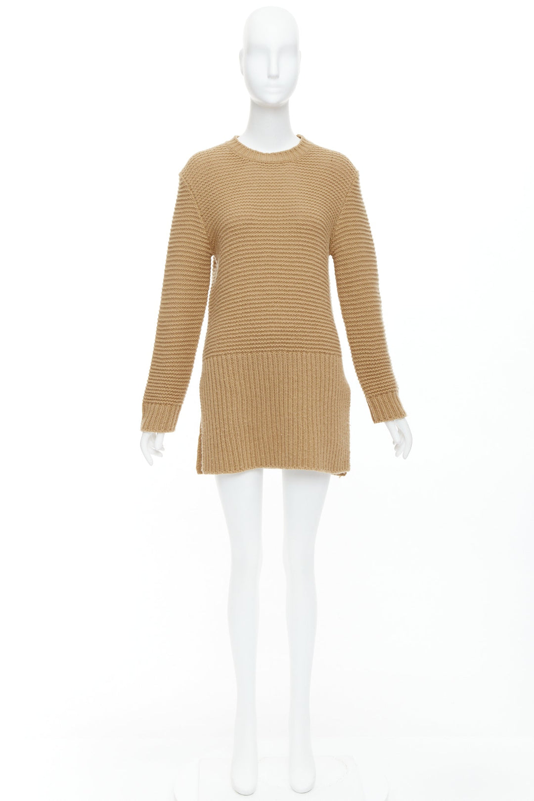 MARNI 100% virgin wool camel brown contrasting ribbed knit slit sweater IT38 XS