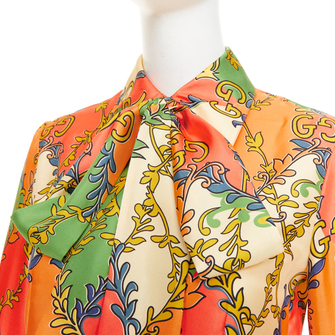 GUCCI 2021 Fluo Barocco orange green  GG Rhombus Ramage silk blouse IT38 XS