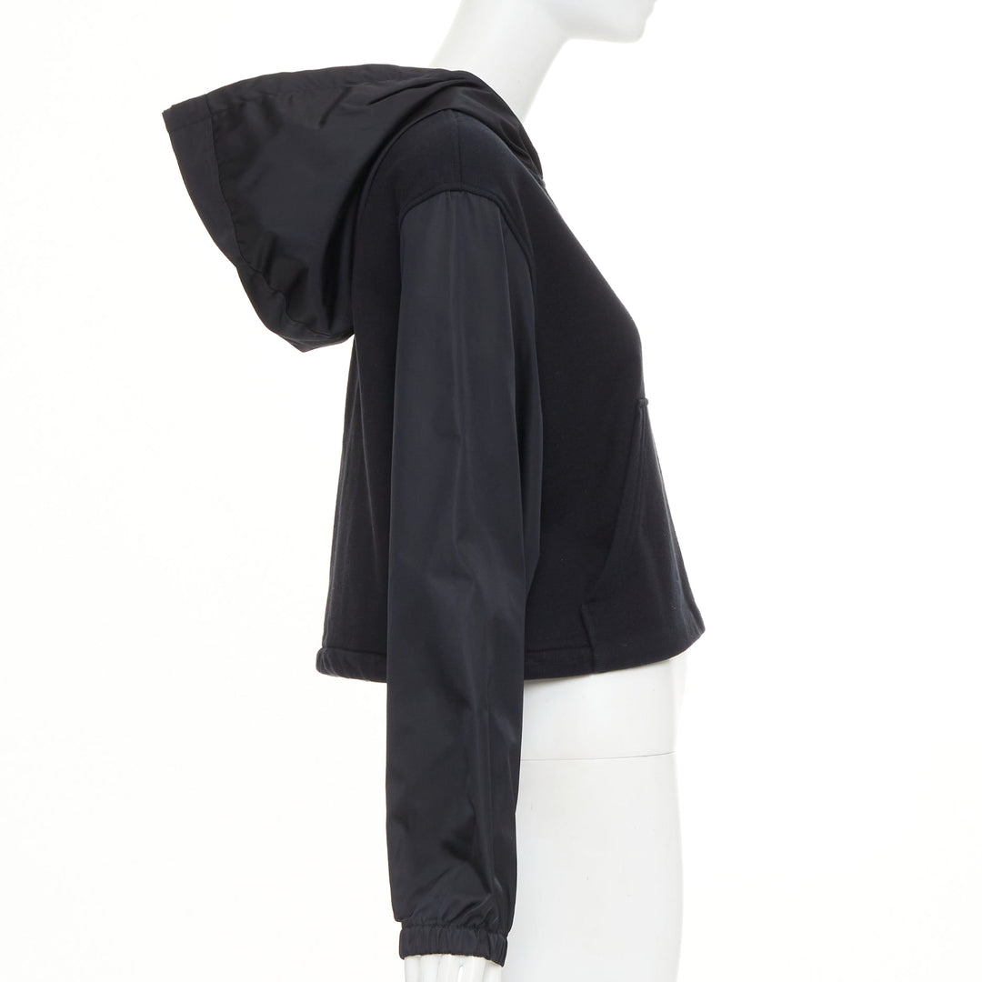 PRADA 2021 black Re-Nylon sleeve triangle logo cotton cropped hoodie M