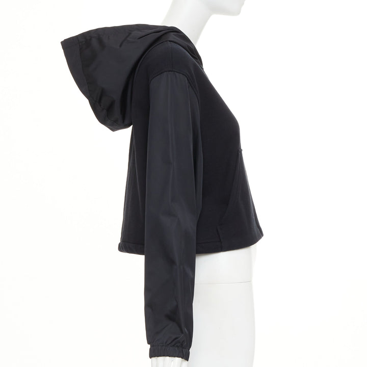 PRADA 2021 black Re-Nylon sleeve triangle logo cotton cropped hoodie M
