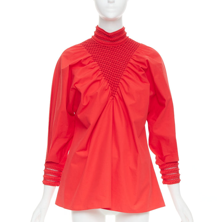 FENDI 2016 Runway red cotton silk ruched knot weave collar peasant top IT38 XS