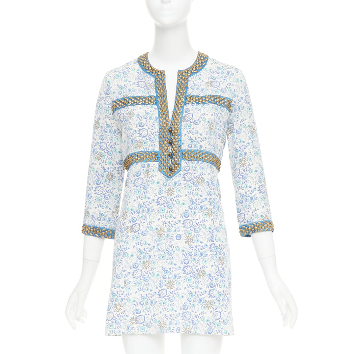 CHLOE Vintage blue cream gold studded floral harness detail open neck mini dress