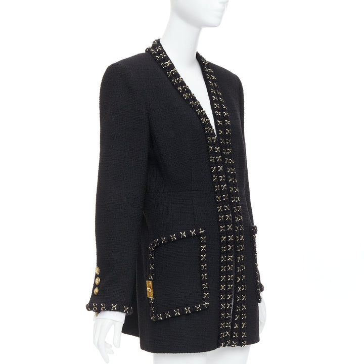 CHANEL 17A black tweed gold crosshatch braided Lionheart button long coat FR44