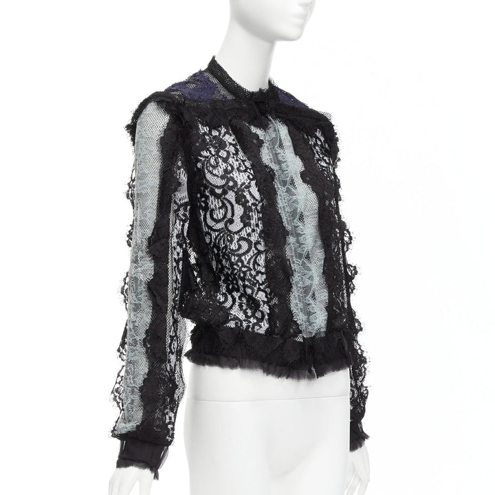 LANVIN blue black intricate lace panels sheer long sleeve jacket FR34 XS