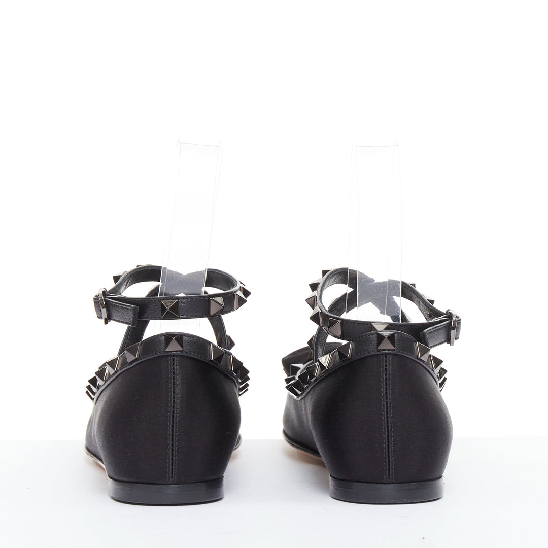 VALENTINO Rockstud nero black satin leather studded cross ballet flats EU37.5