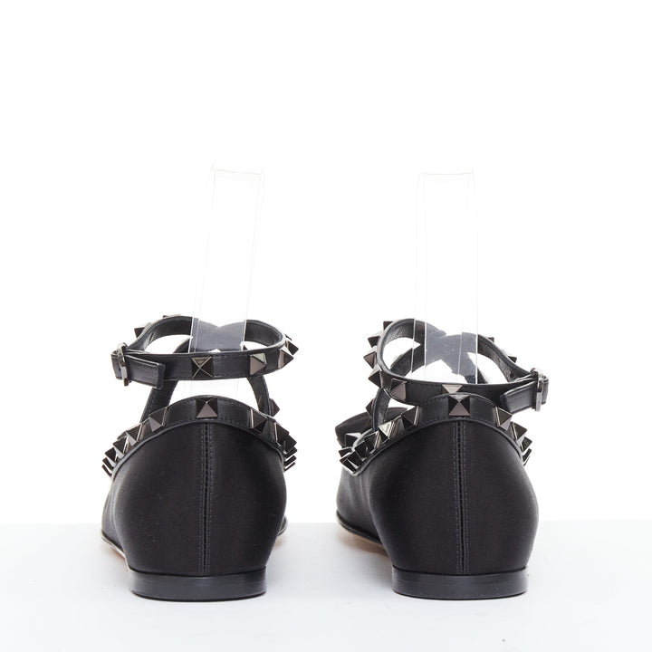 VALENTINO Rockstud nero black satin leather studded cross ballet flats EU37.5