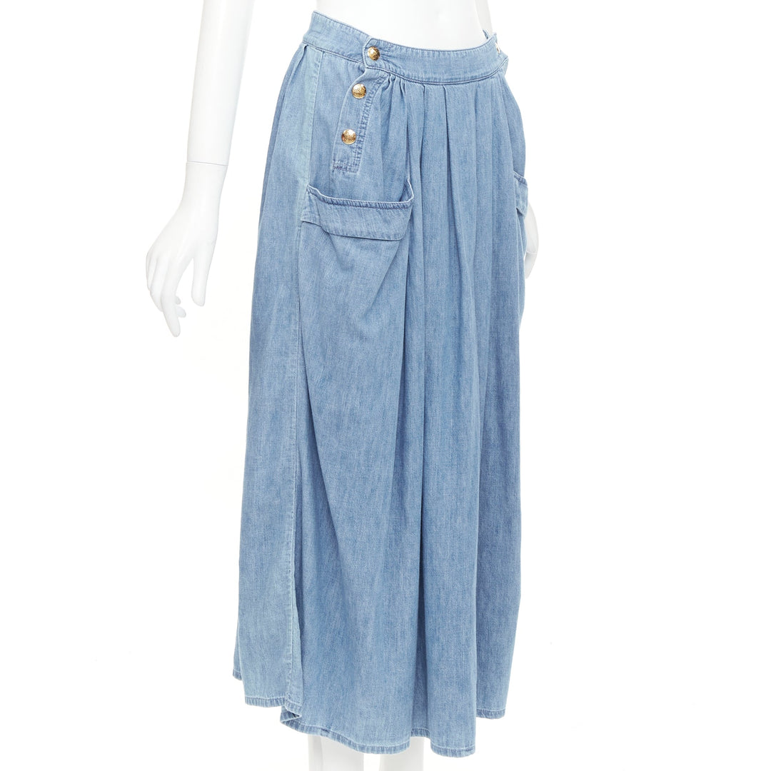 CELINE light blue cotton washed denim gold triomphe logo button midi skirt 27"