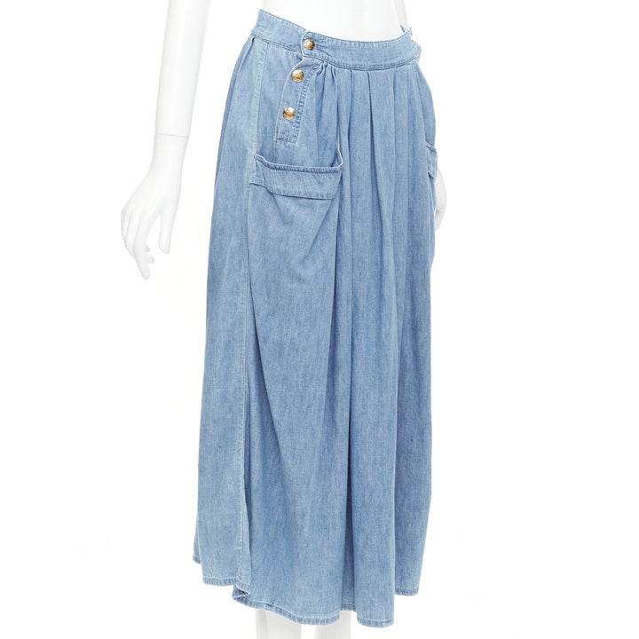 CELINE light blue cotton washed denim gold triomphe logo button midi skirt 27"