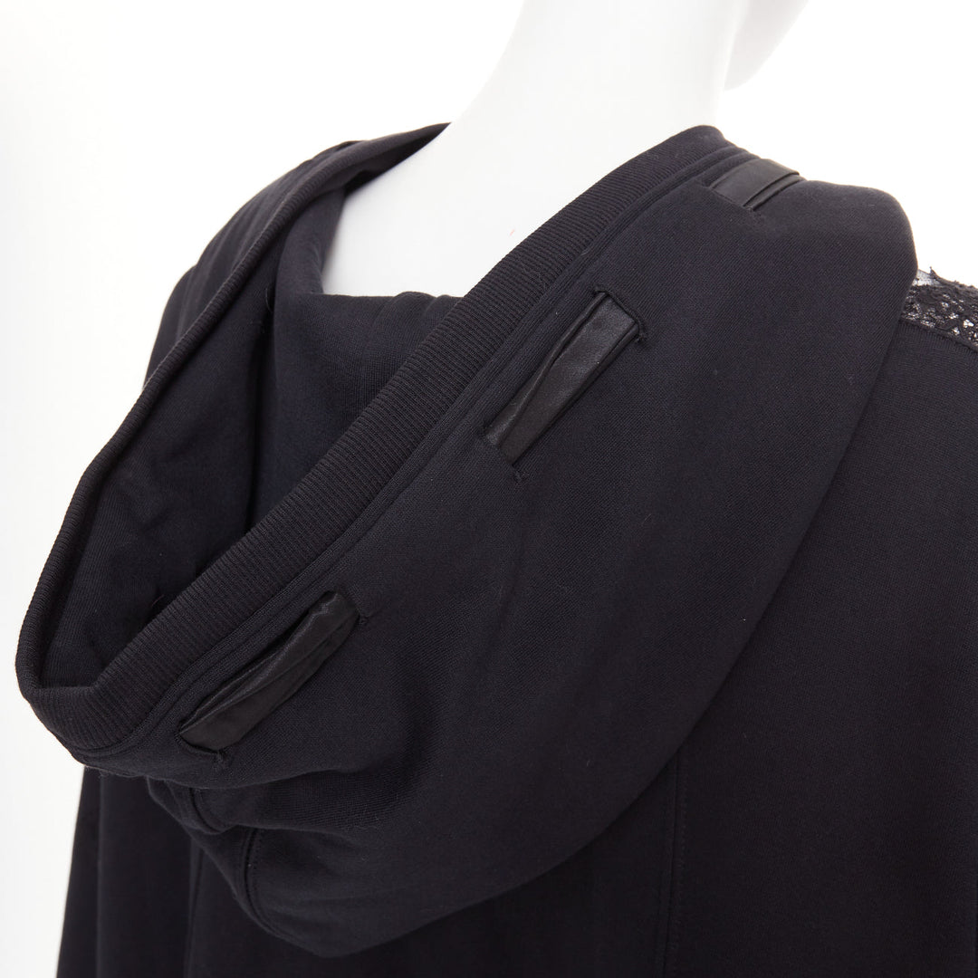 VALENTINO black cotton sheer floral lace panel floral applique half zip hoodie M
