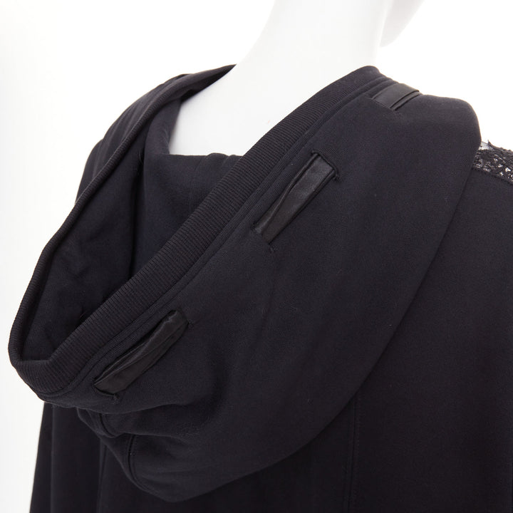 VALENTINO black cotton sheer floral lace panel floral applique half zip hoodie M