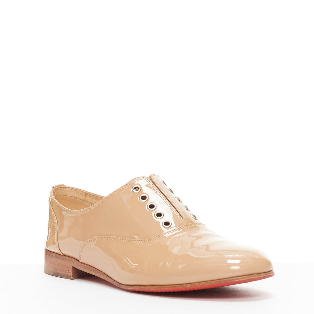 CHRISTIAN LOUBOUTIN beige patent leather round toe derby flat shoes EU35.5