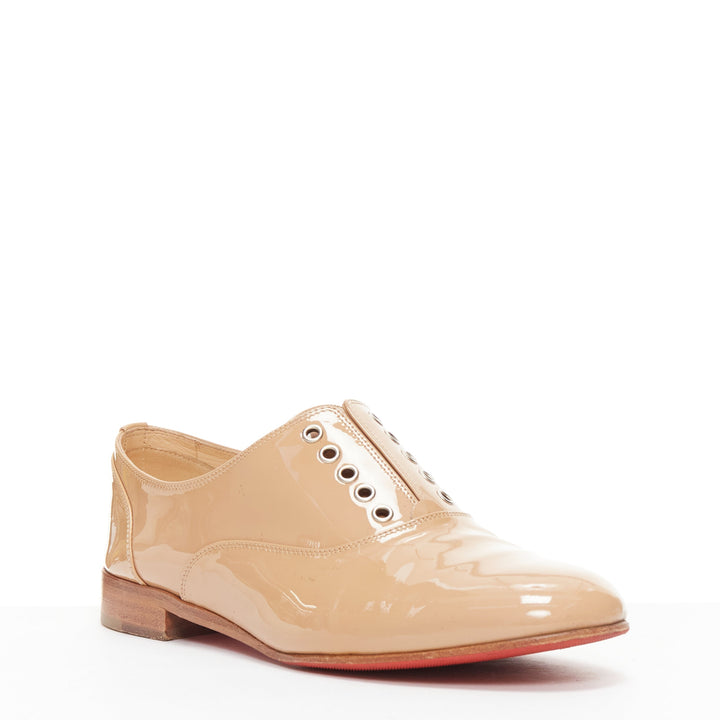 CHRISTIAN LOUBOUTIN beige patent leather round toe derby flat shoes EU35.5