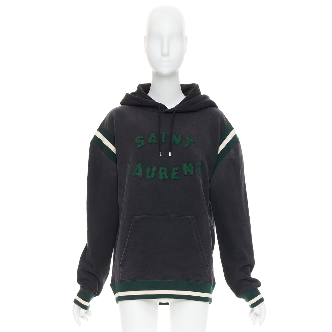 SAINT LAURENT 2022 grey washed cotton green alpaca logo patch varsity hoodie XS