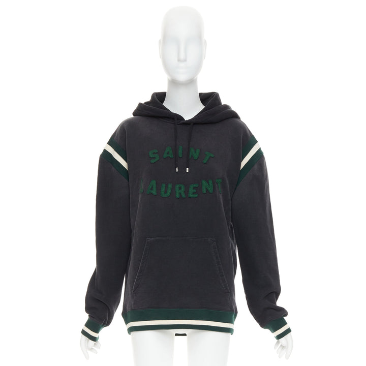 SAINT LAURENT 2022 grey washed cotton green alpaca logo patch varsity hoodie XS