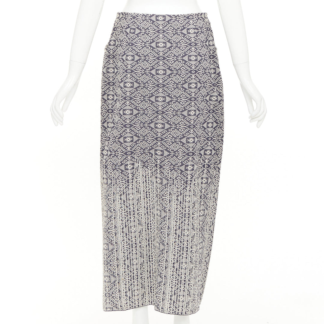 CHANEL 2014 blue cream CC geometric diamond jacquard frayed wrap skirt FR40 L