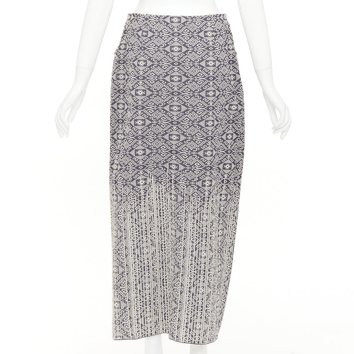 CHANEL 2014 blue cream CC geometric diamond jacquard frayed wrap skirt FR40 L