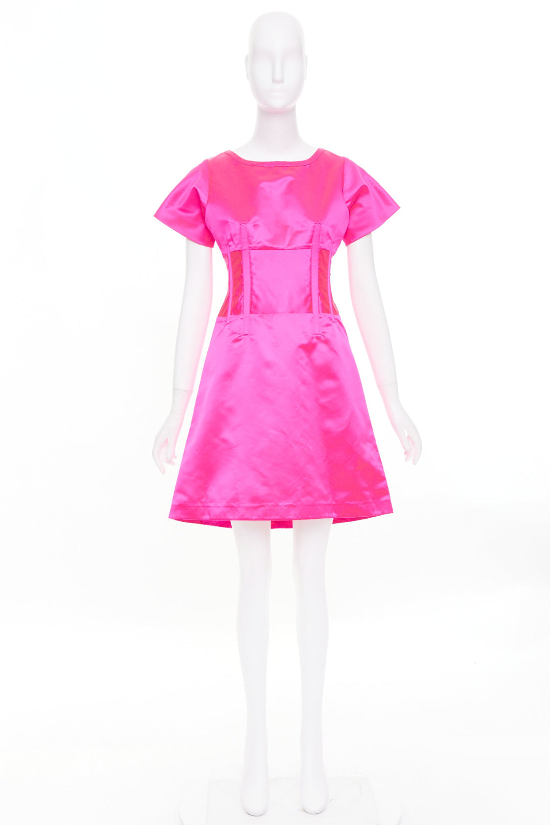 CELINE Vintage hot pink exposed boning satin flared cocktail mini dress FR38 M