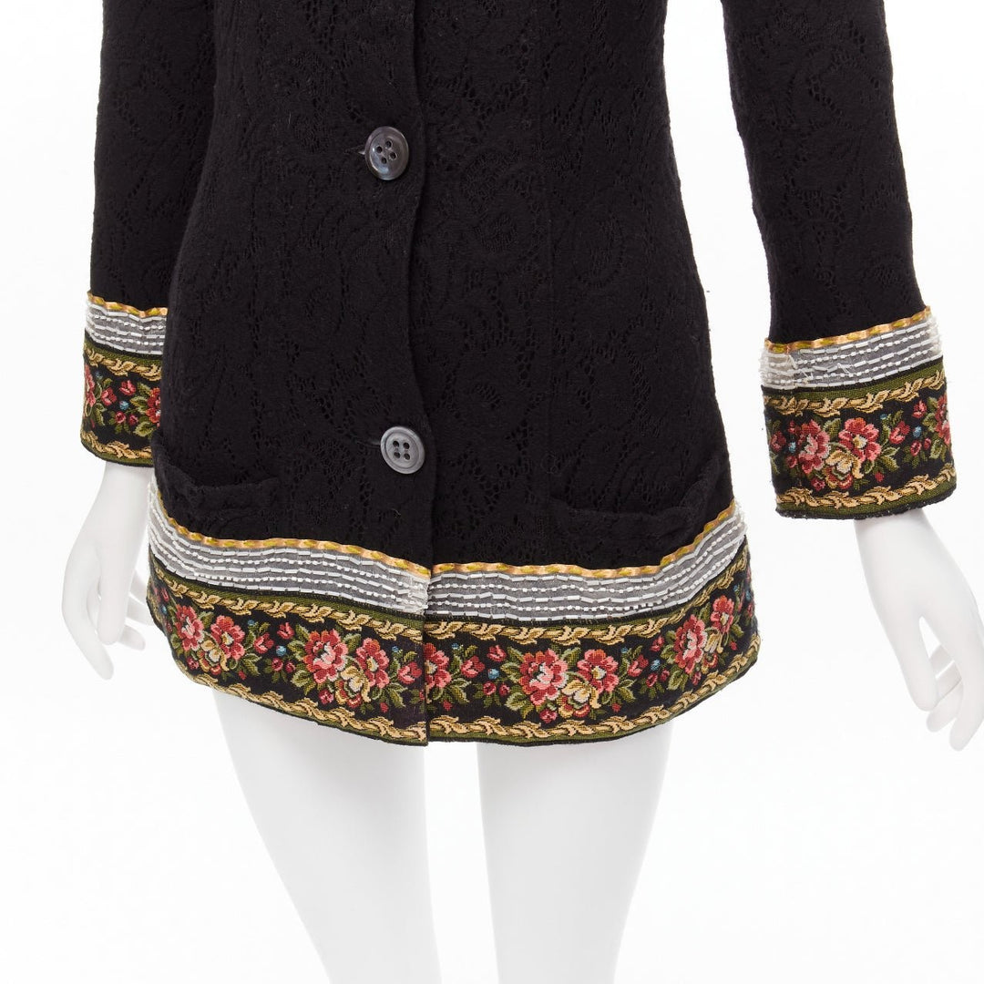 VOYAGE INVEST IN THE ORIGINAL LONDON red green beaded floral black wool coat L