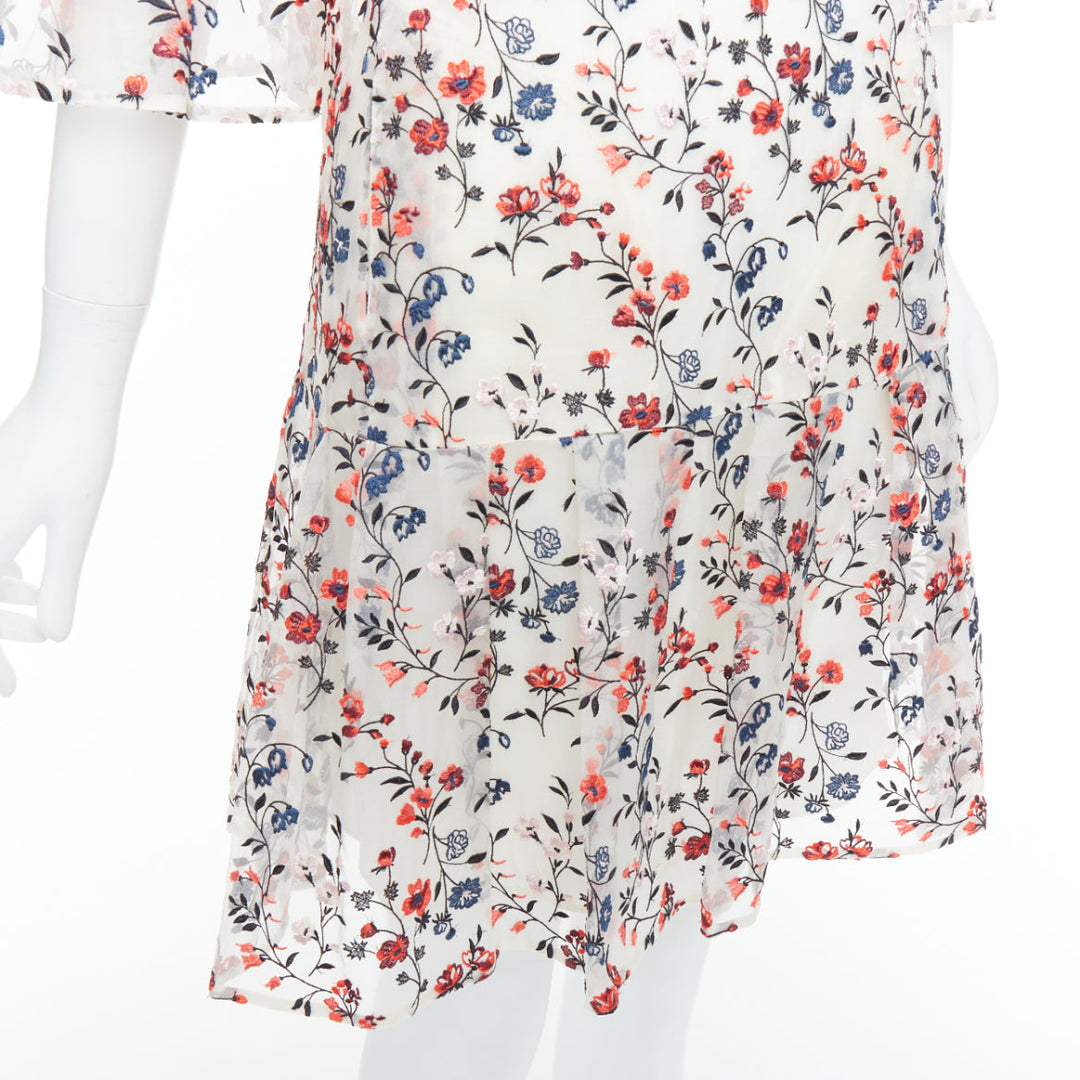 ERDEM Lissy 100% silk white red floral embroidered pleated dress UK8 S