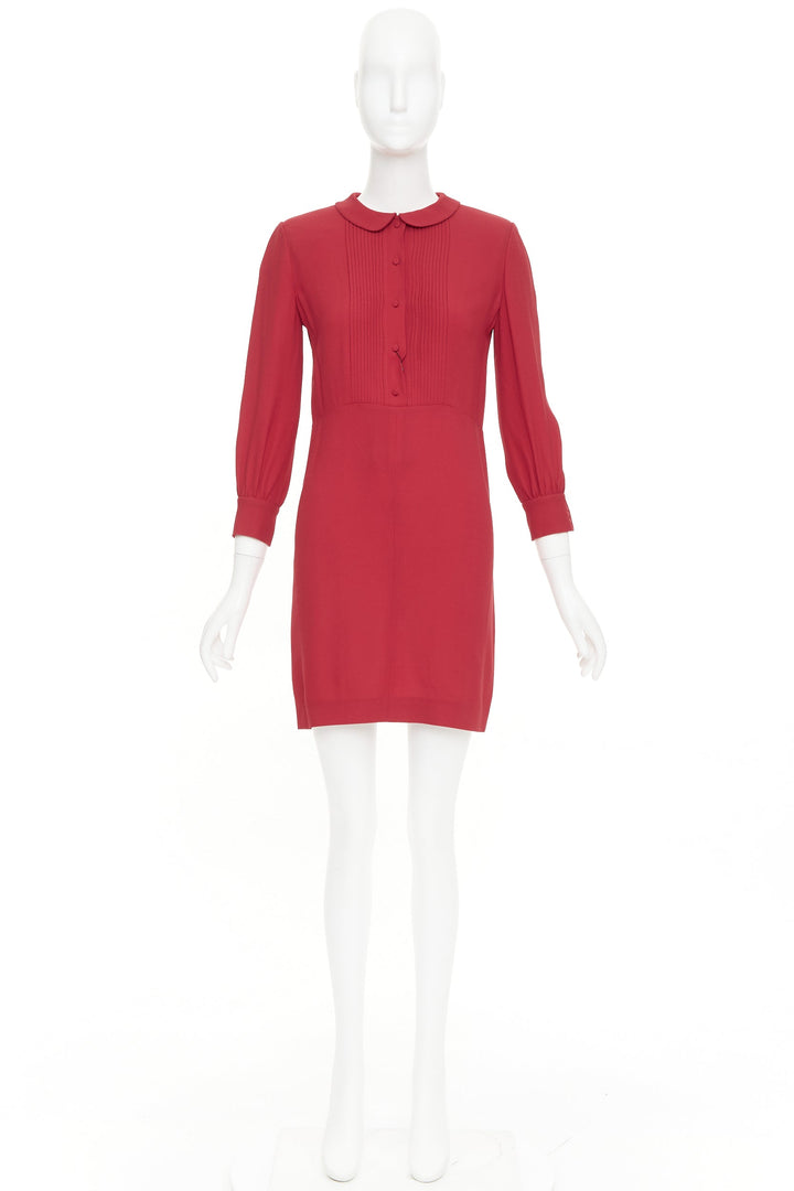 SAINT LAURENT 2013 red crepe pleated front peter pan collar mini dress FR34 XS