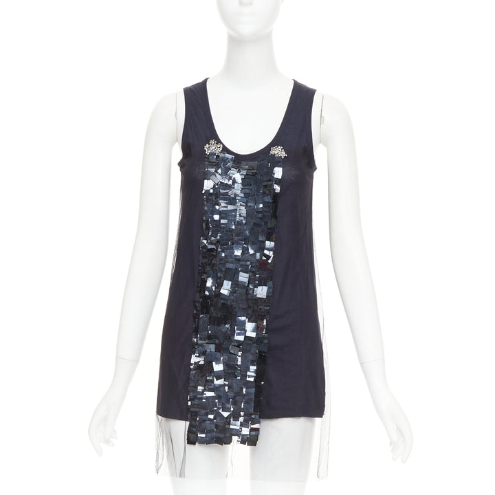 VERA WANG navy cotton silk sheer overlay paillette beaded scoop tank top S