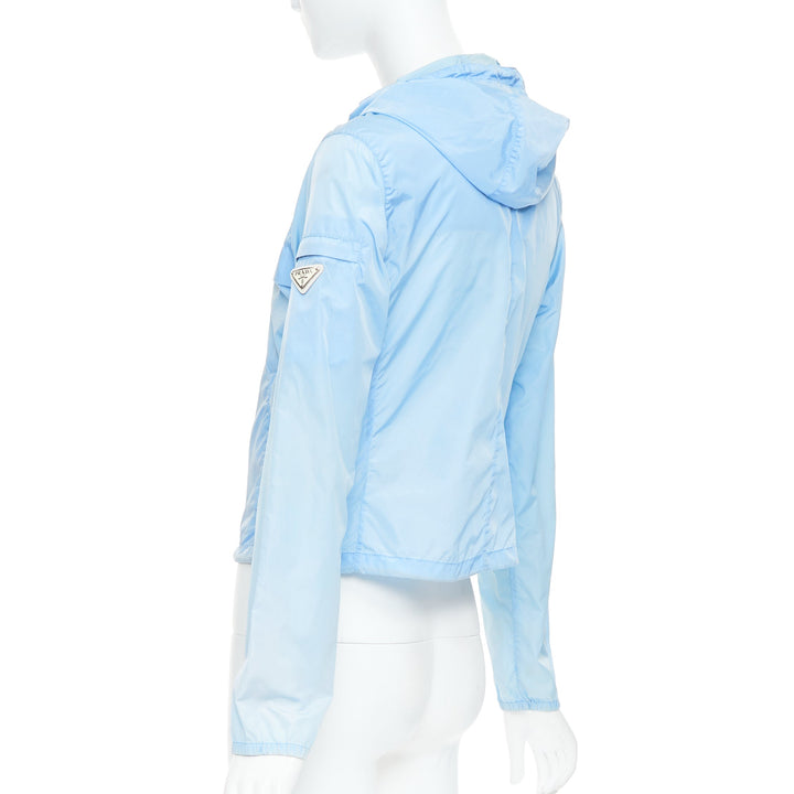 PRADA 29H135 sky blue nylon white logo arm cropped jacket IT40 S