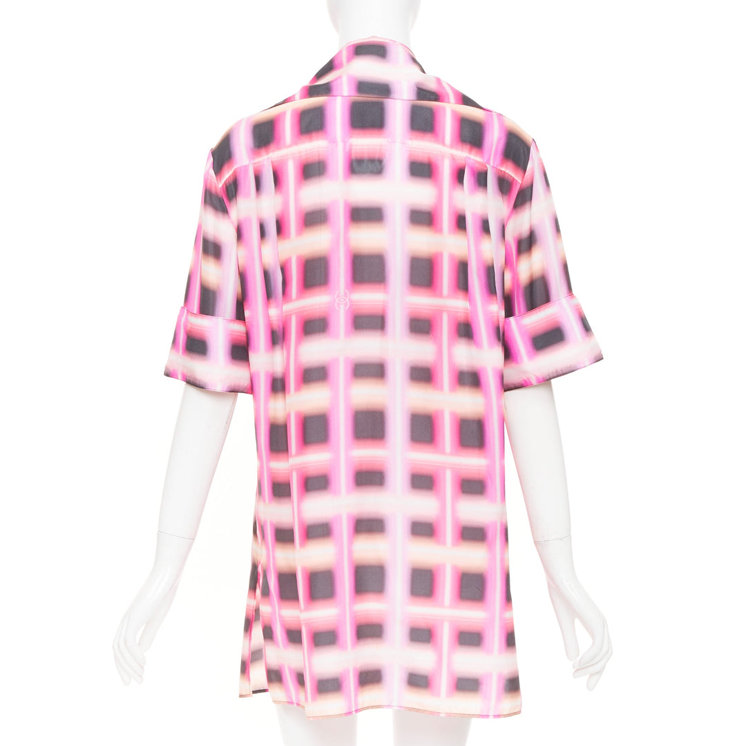 CHANEL 2017 Runway neon pink plaid digital graffiti silk blouse dress FR38 M