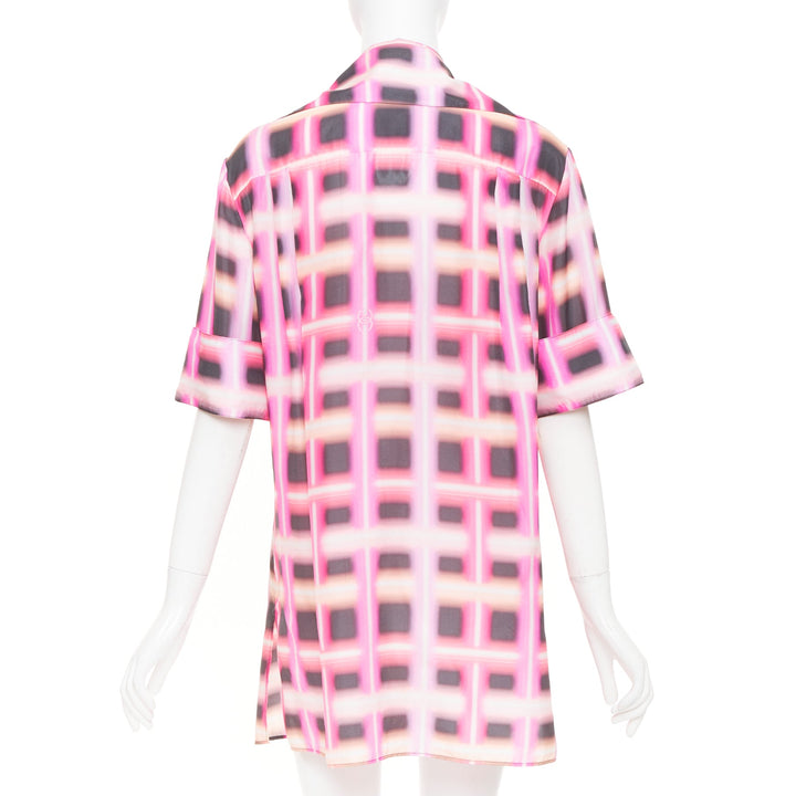 CHANEL 2017 Runway neon pink plaid digital graffiti silk blouse dress FR38 M