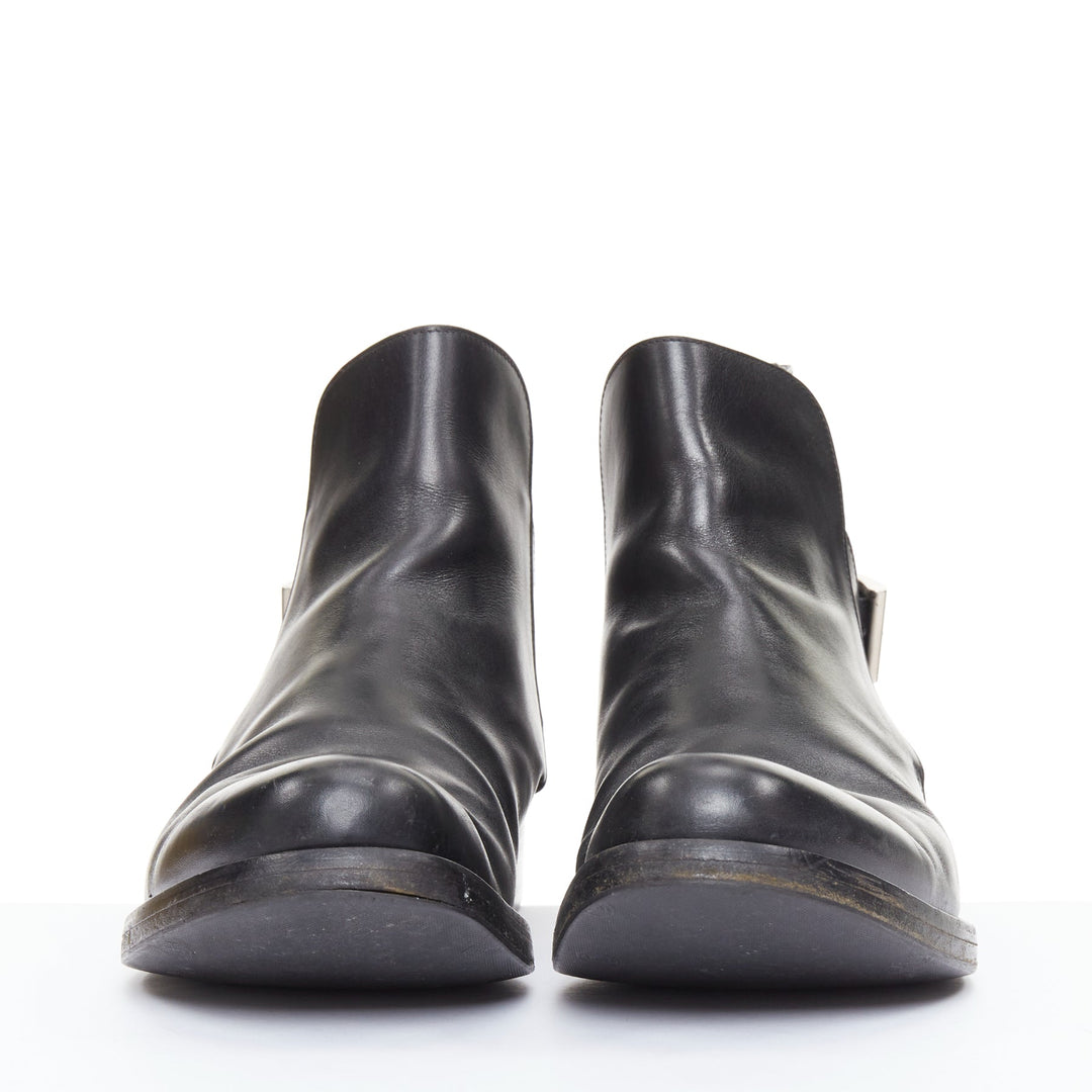 PRADA black calfskin silver rear buckle overlap round  ankle boots UK9.5 EU43.5