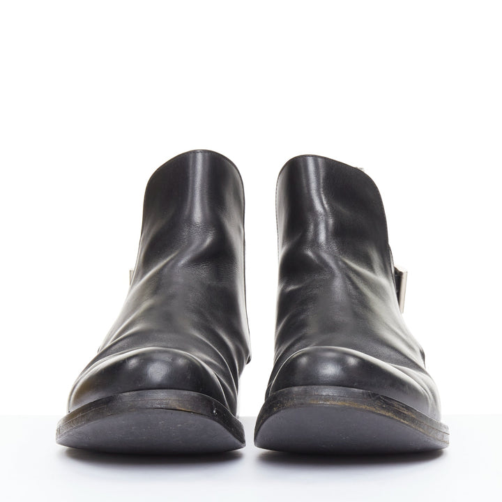 PRADA black calfskin silver rear buckle overlap round  ankle boots UK9.5 EU43.5