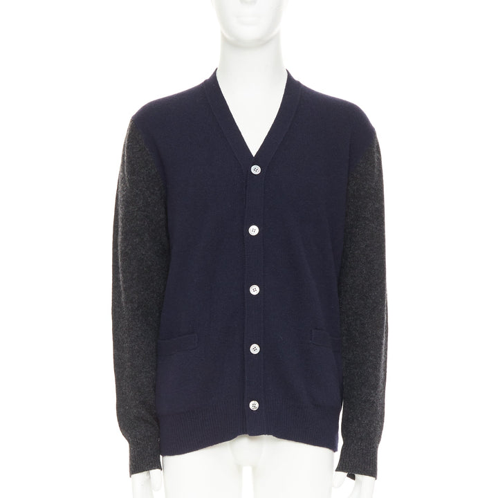 COMME DES GARCONS HOMME 2009 navy grey wool blend 2-tone cardigan sweater L