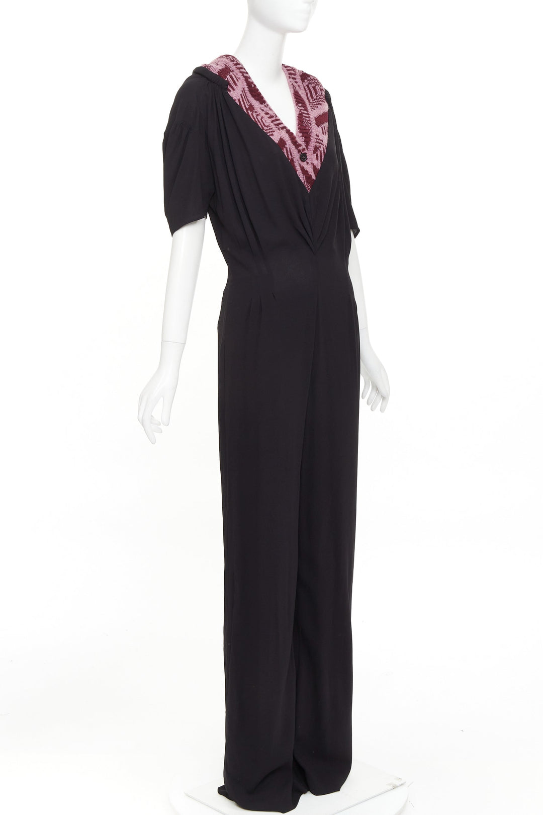 PRADA 2021 Runway pink sable jacquard wool knit trim pleated jumpsuit IT38 XS