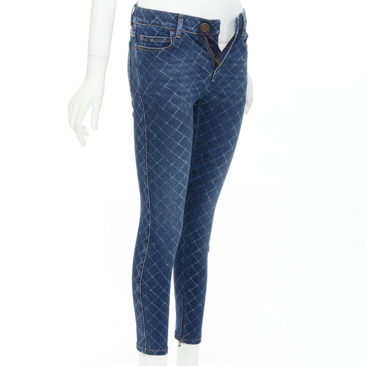 CHANEL 2017 dark blue washed denim diamond grid CC button skinny jeans FR34 XS