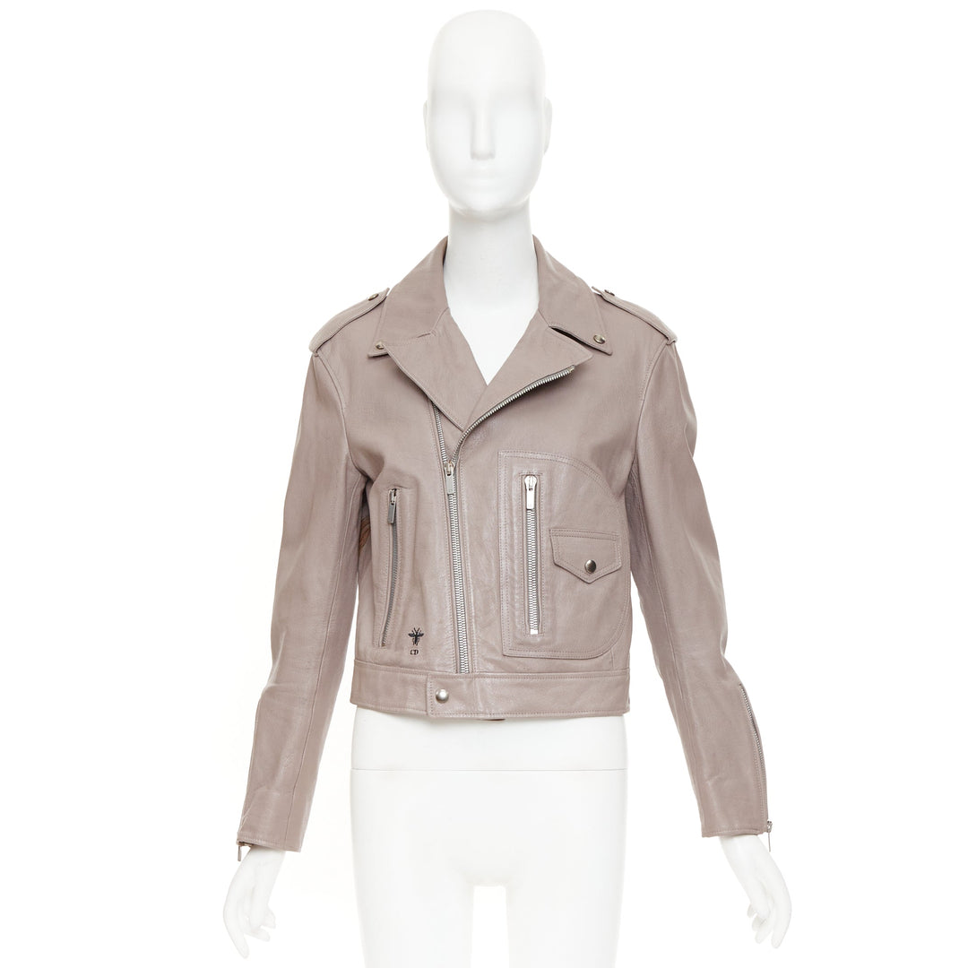 CHRISTIAN DIOR beige goat leather handpainted Phoenix zipped biker jacket FR38 M