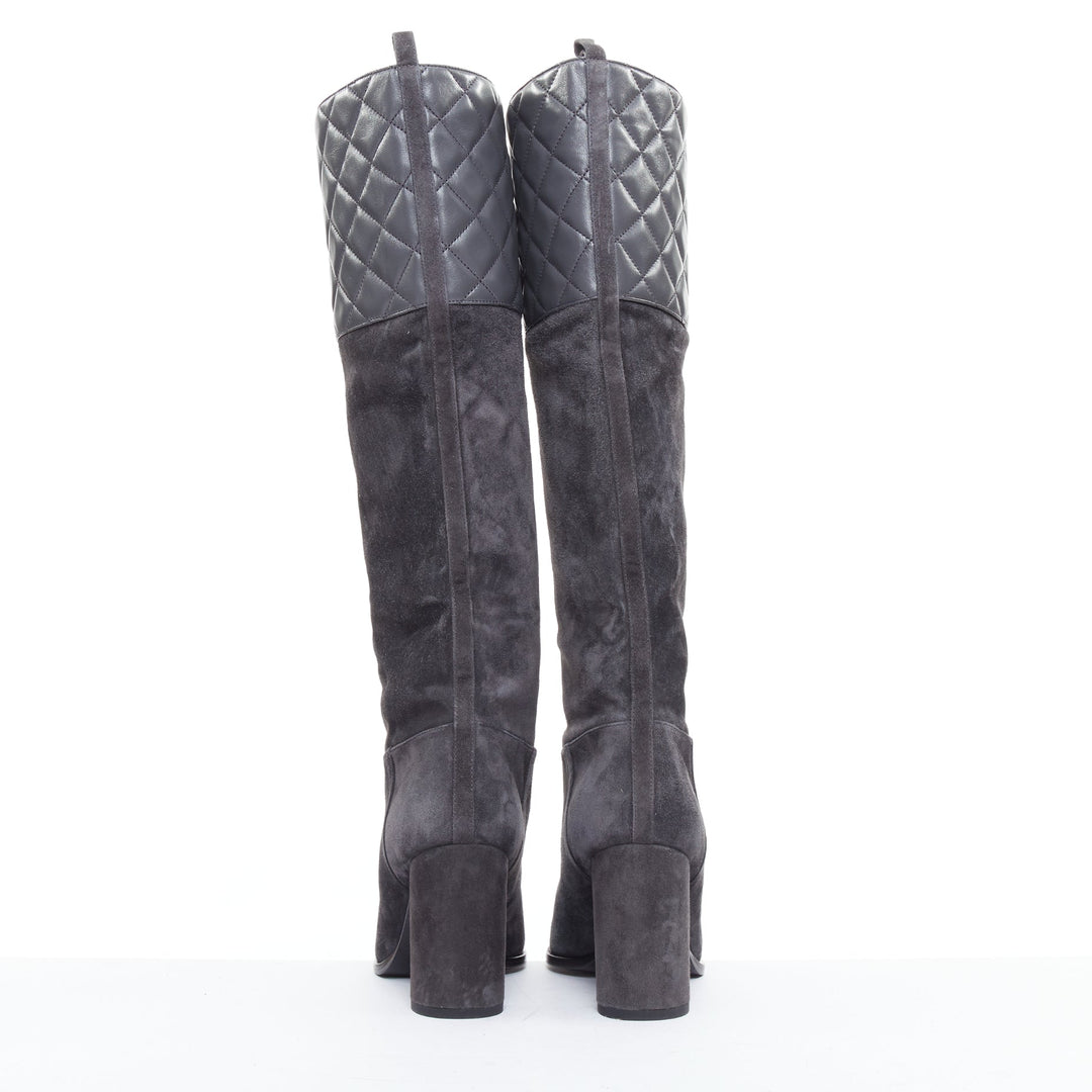 CHANEL 2023 grey suede diamond quilted CC logo block heel boots EU38.5