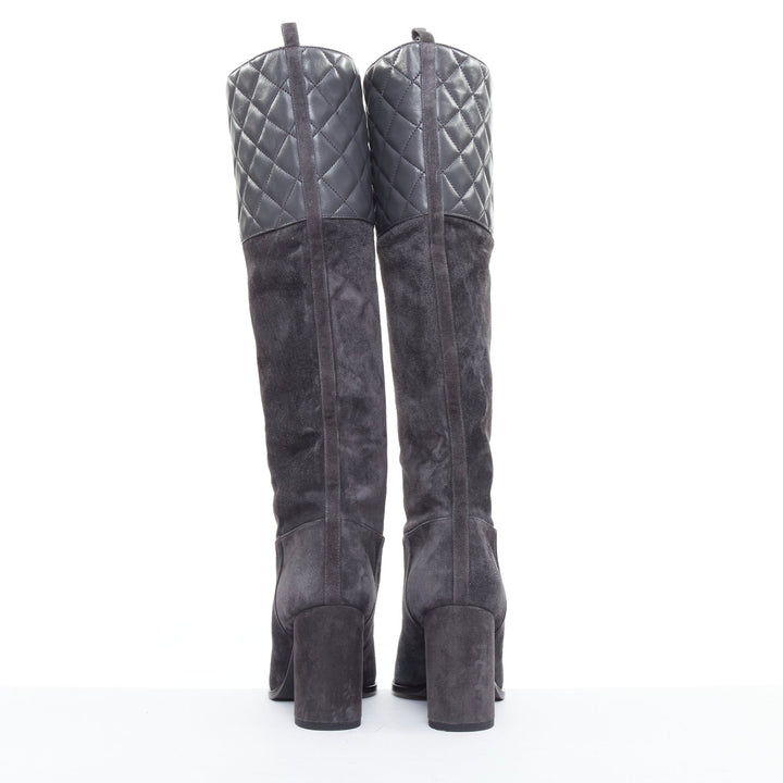 CHANEL 2023 grey suede diamond quilted CC logo block heel boots EU38.5