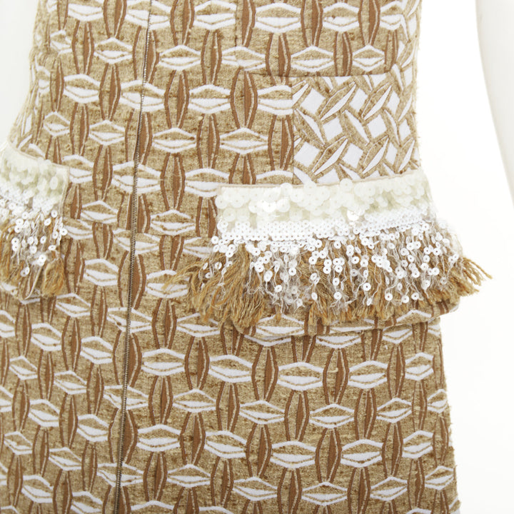 LOUIS VUITTON 2013 tan boucle tweed sequin fringe collar zip front dress FR40 L