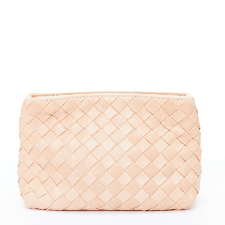 BOTTEGA VENETA light nude intrecciato leather woven zip pouch