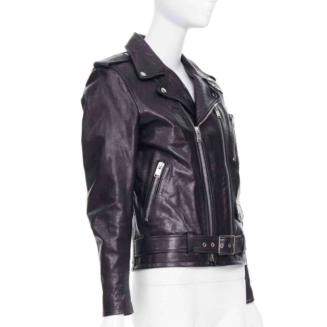 SAINT LAURENT 2016 L17 black calfskin leather buckled moto biker jacket FR44 XS