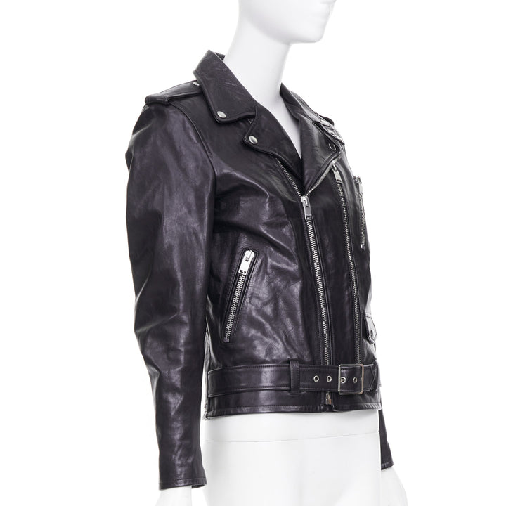 SAINT LAURENT 2016 L17 black calfskin leather buckled moto biker jacket FR44 XS