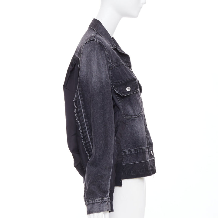 SACAI 2019 grey washed cotton blend denim black nylon hybrid jacket JP2 M