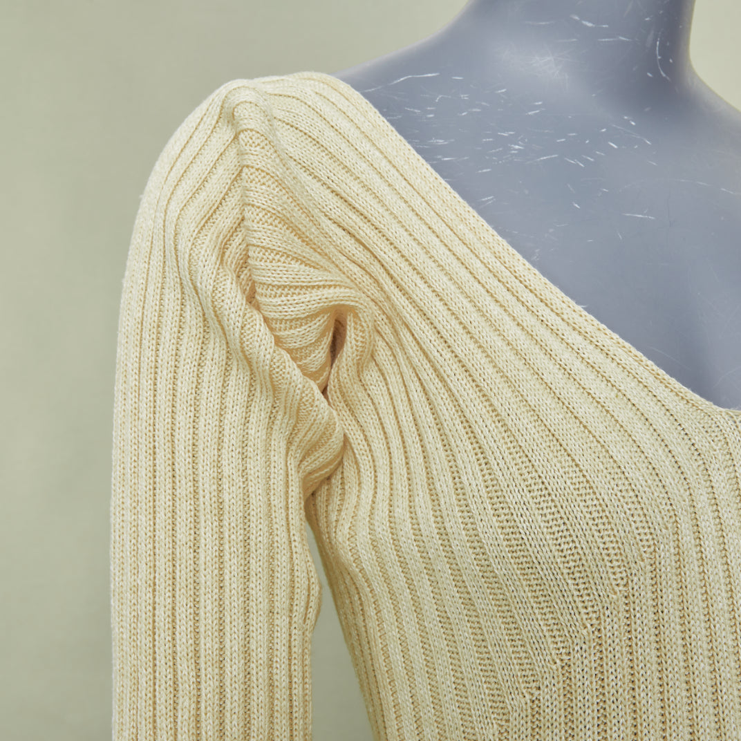 CELINE Phoebe Philo 2015 Runway cream beige ribbed knit off shoulder dress M