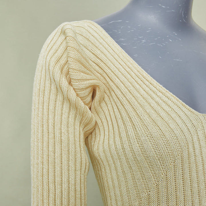 CELINE Phoebe Philo 2015 Runway cream beige ribbed knit off shoulder dress M