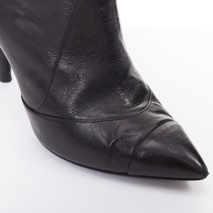CHANEL 15C black calfskin faux pearl high cone heeled ankle boots EU38