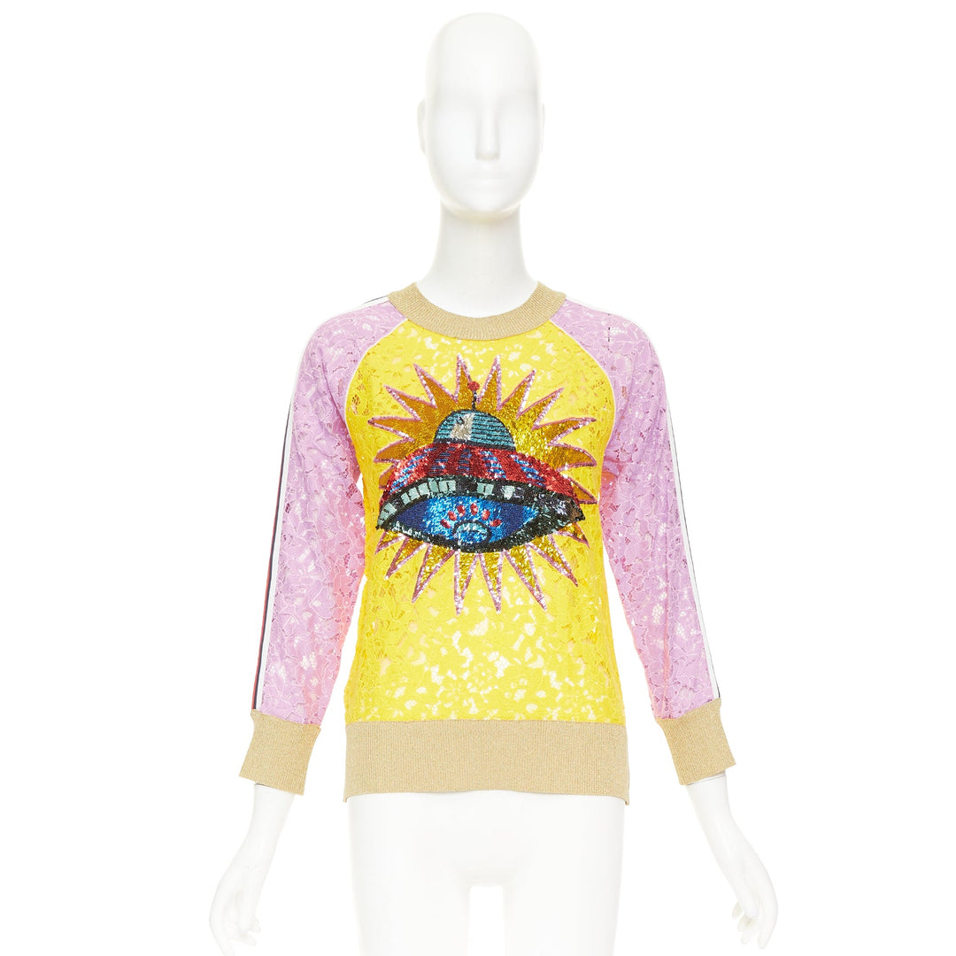 GUCCI multicolor lace UFO sunburst sequin applique pullover sweater top XS