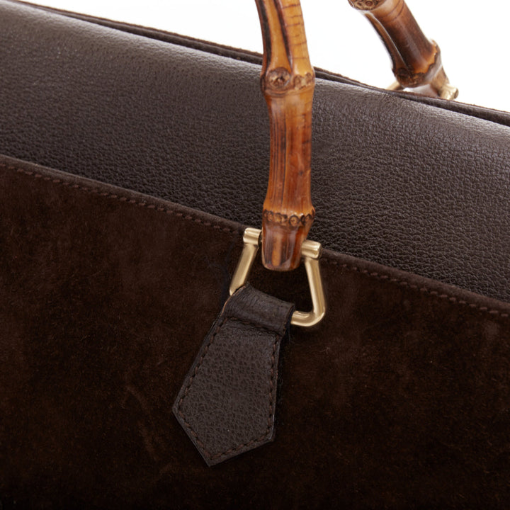 GUCCI Vintage Bamboo brown suede leather nude handle satchel bag