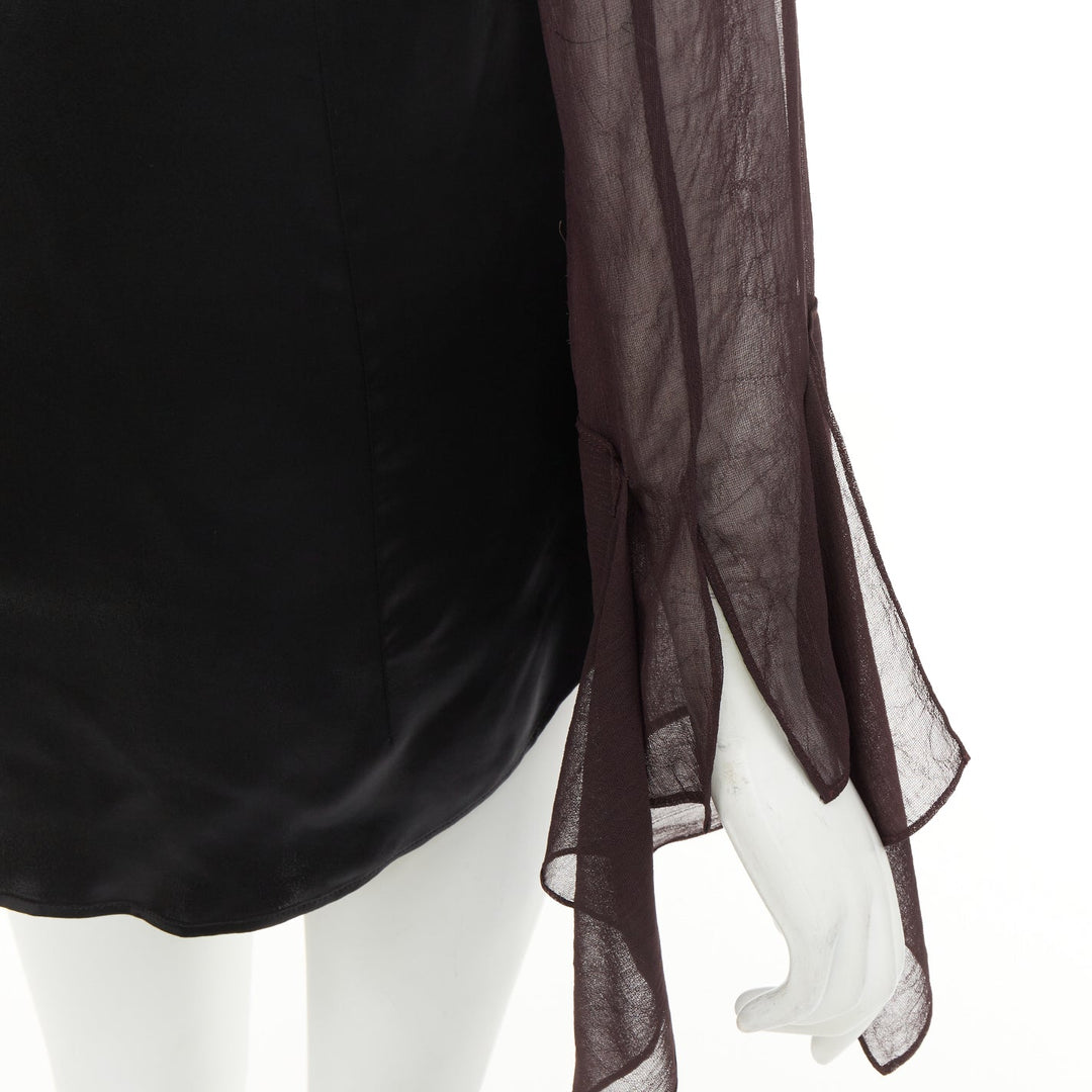 LOEWE asymmetric mixed media black sheer burgundy pussy bow blouse IT36